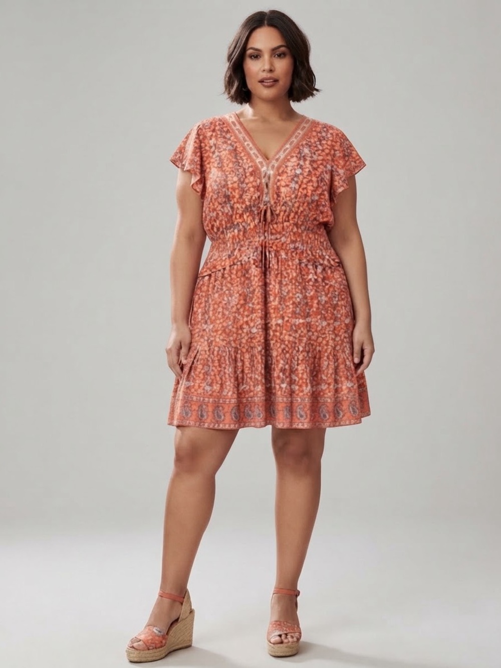 LEA Floral Tie-Waist V-Neck Dress in Coral